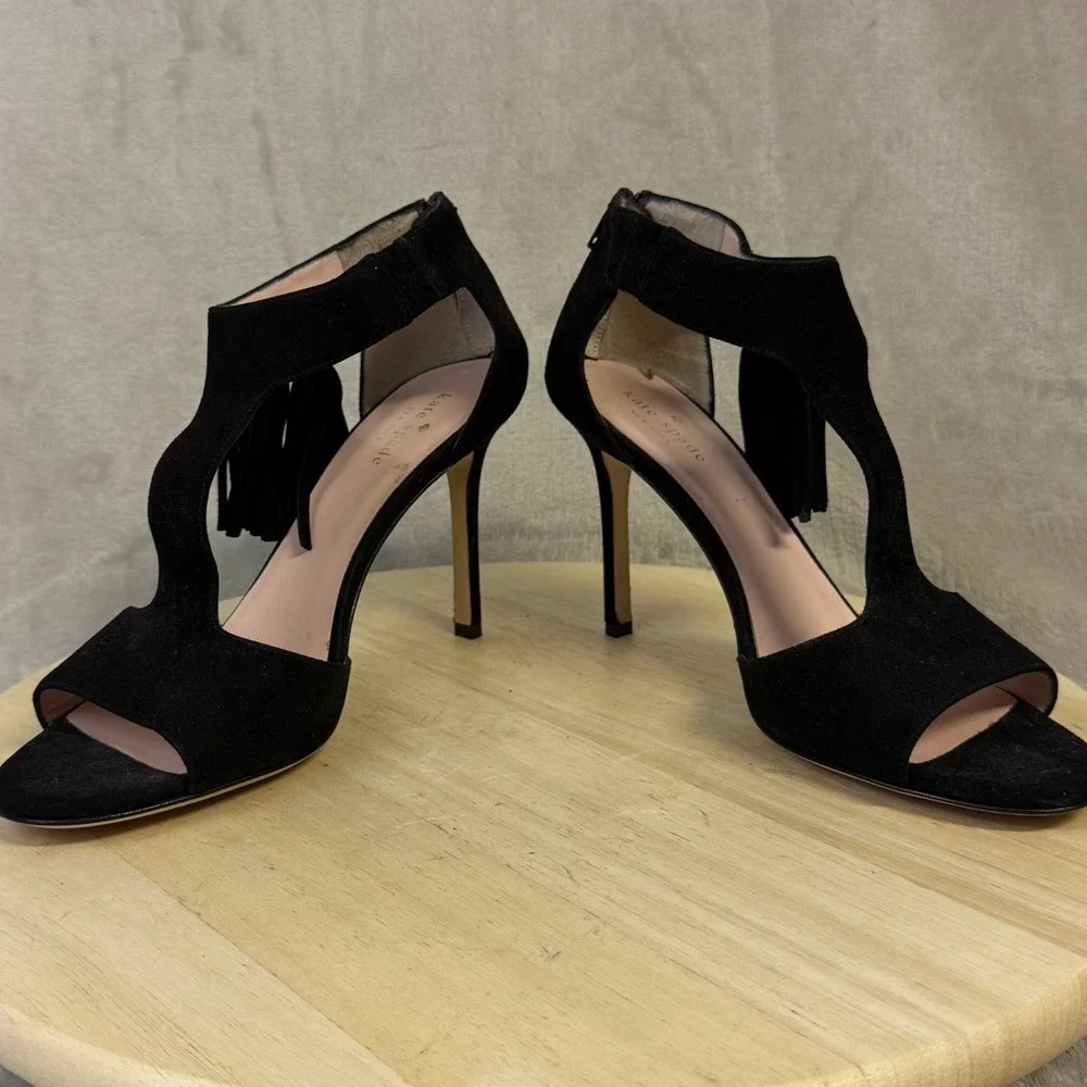 Kate Spade Sala Black Suede T-Strap Tassel Heels Sandals 10 M Made in Italy